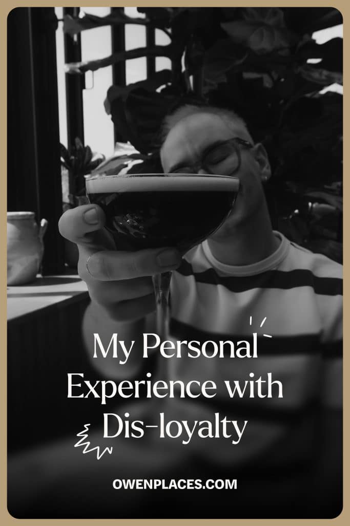 A photo of Owen Places holding an espresso martini with text that says "My personal experience with dis-loyalty"