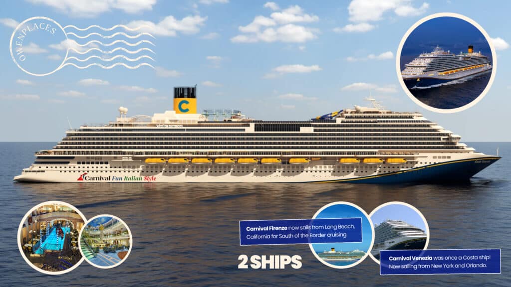 Costa Cruise Ship with Images overlaid. Text that says: Fun Italian Style.