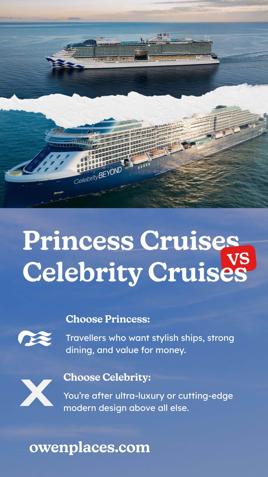 Graphic showing the benefits of choosing Princess Cruises over Celebrity Cruises.