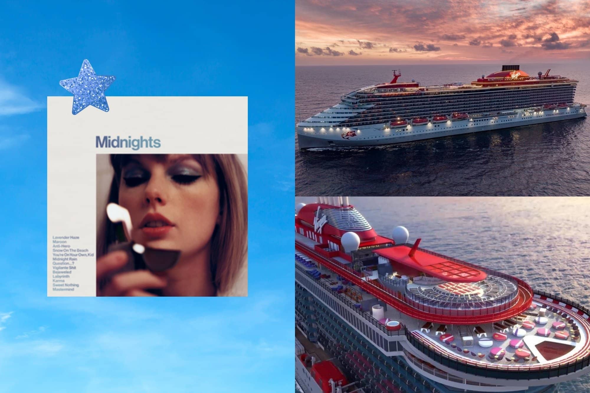 Taylor Swift album "Midnights" as a cruise ship. The vibe is Virgin Voyages