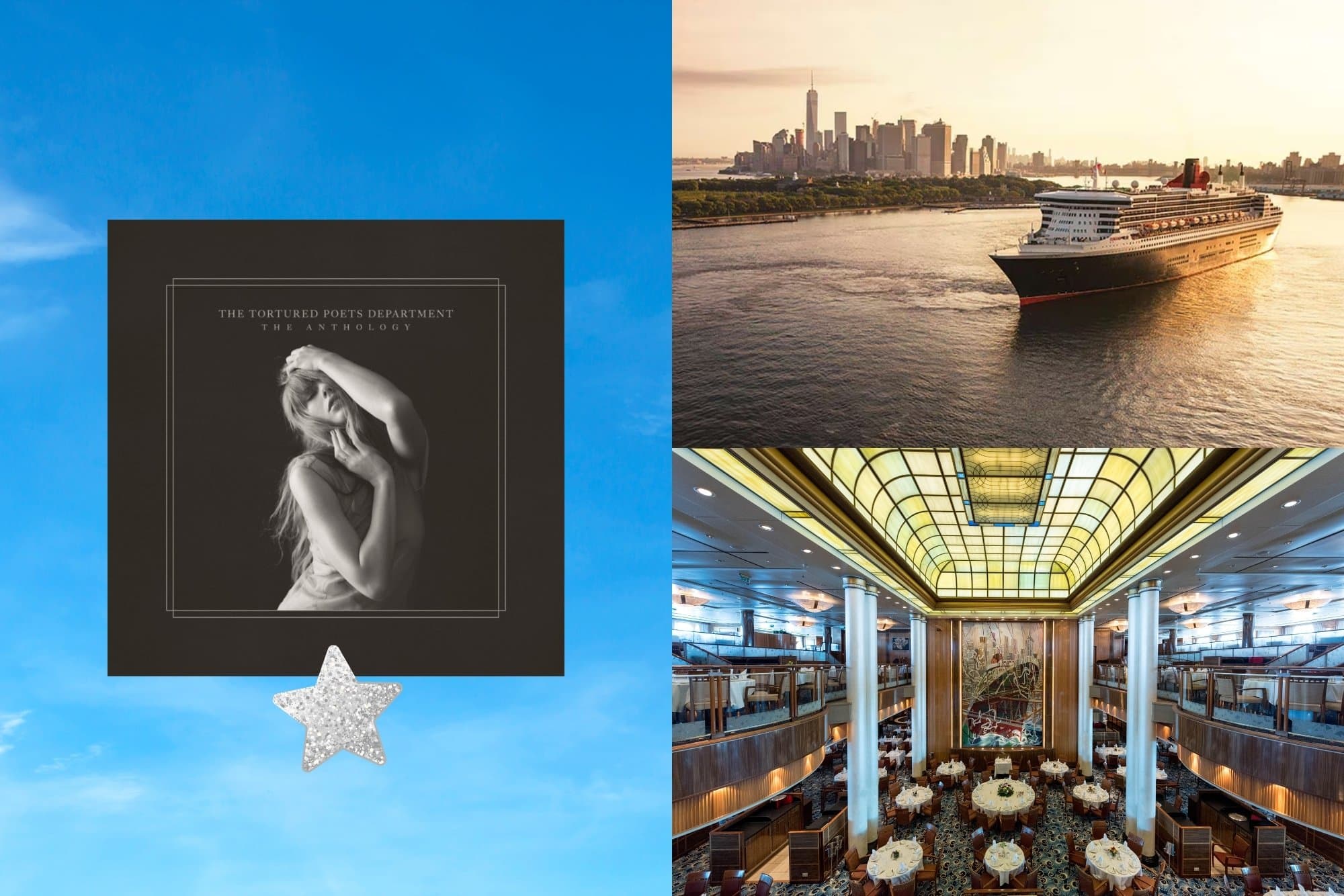 Taylor Swift album "Tortured Poets Department" as a cruise ship. The vibe is Cunard Queen Mary 2