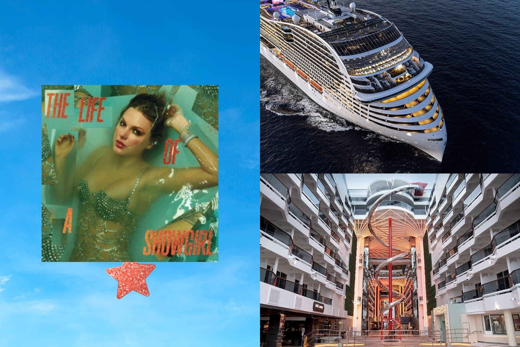 Taylor Swift album "The Life of a Showgirl" as a cruise ship. The vibe is MSC World Europa