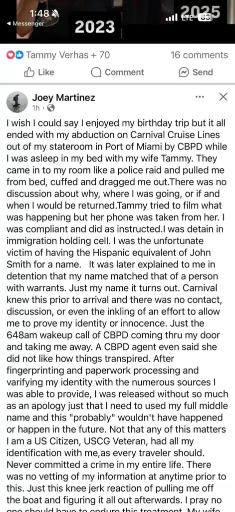 Joey Martinez Nightmare Carnival Cruise After Being Detained by ICE