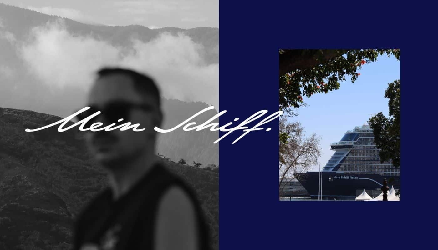 Photo of Owen in Black and white alongside an exterior shot of Mein Schiff Relax