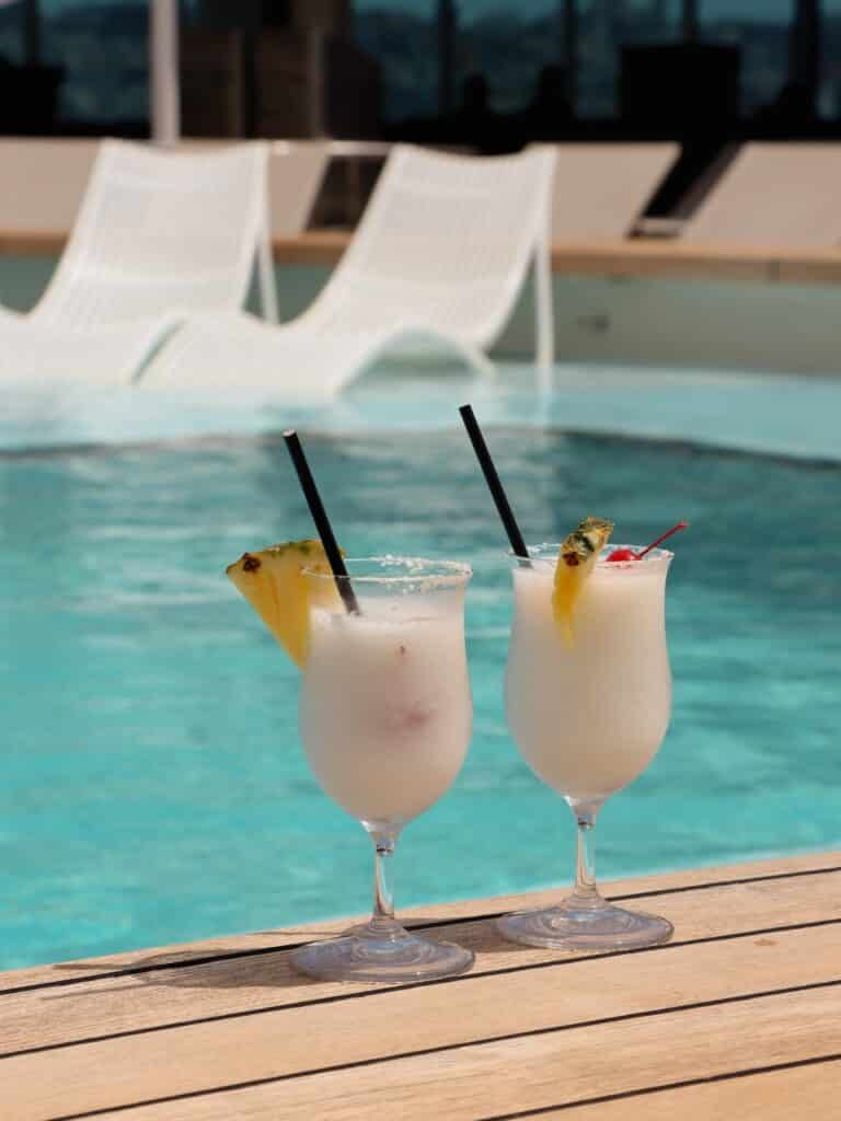 Pina Colada resting on the edge of the pool. Onboard Sun Princess.
